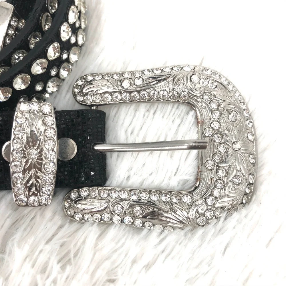 Black Leather & Rhinestone Belt - BLING - Picture 2 of 12